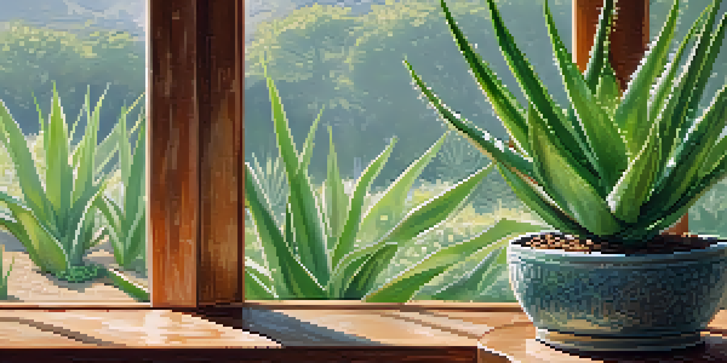 Aloe vera plant in a sunlit room with dew on its leaves and a wooden window frame in the background.