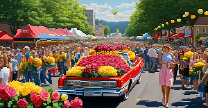 A lively Grand Floral Parade at the Portland Rose Festival with colorful floats decorated with roses and cheering crowds in a sunny setting.