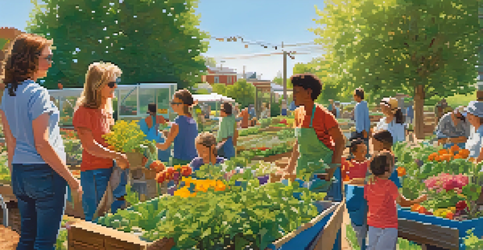 A lively community garden filled with various plants and people working together, under a sunny sky.