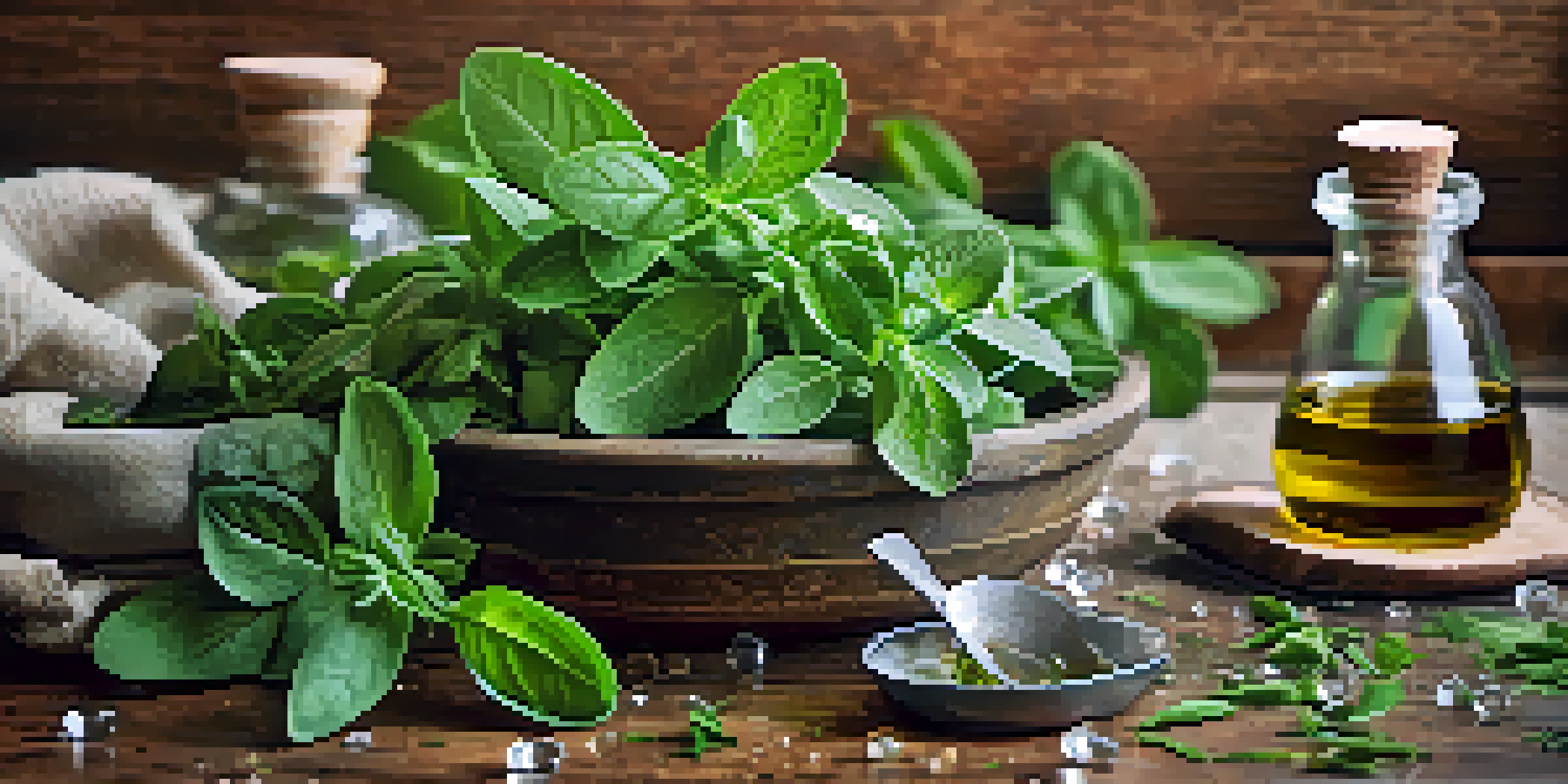 Close-up of fresh oregano leaves with water droplets, and small bottles of oregano oil in the background, set on a rustic wooden table.