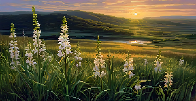 A beautiful prairie landscape featuring the Western Prairie Fringed Orchid with a sunset background.