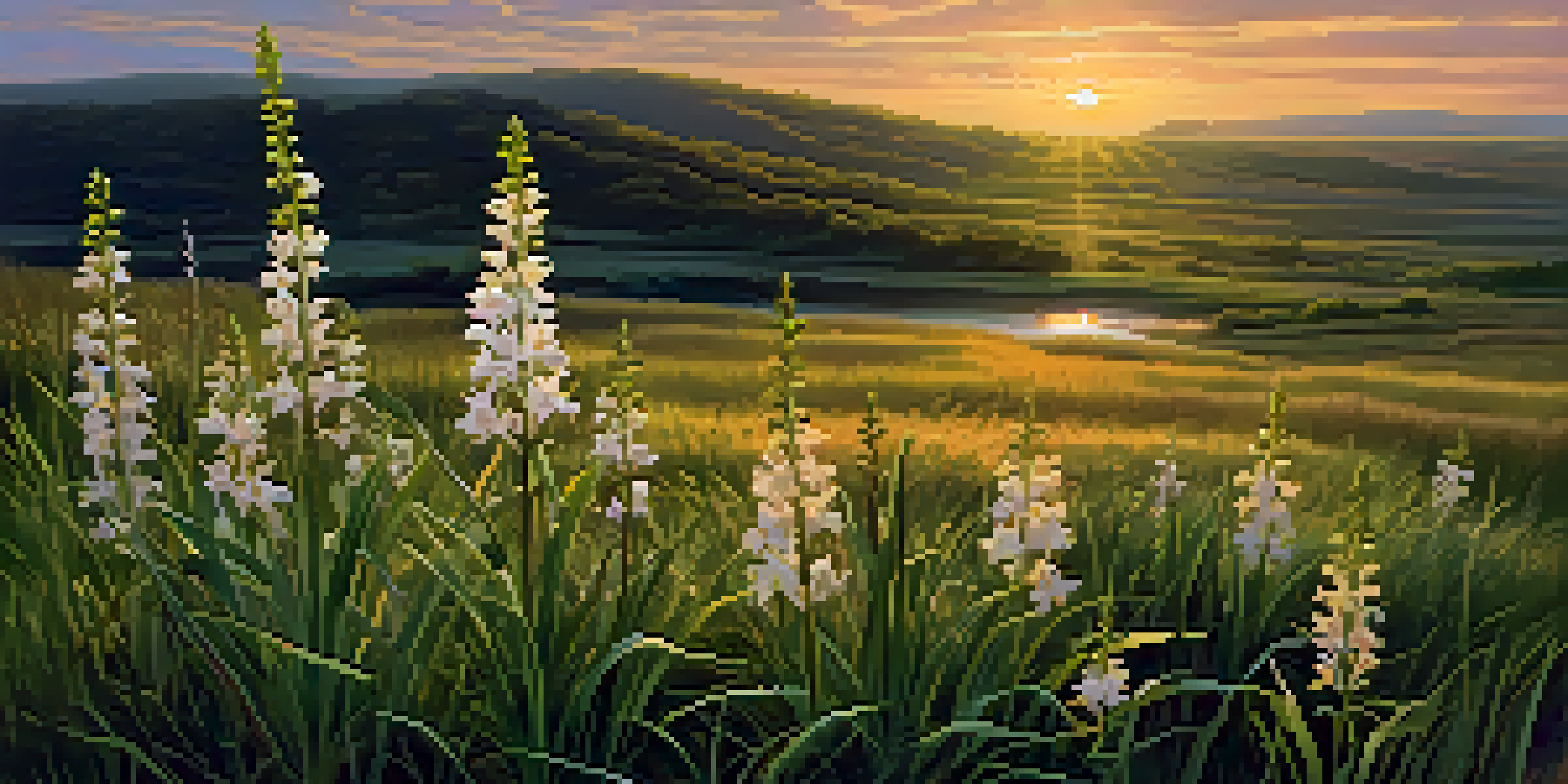 A beautiful prairie landscape featuring the Western Prairie Fringed Orchid with a sunset background.