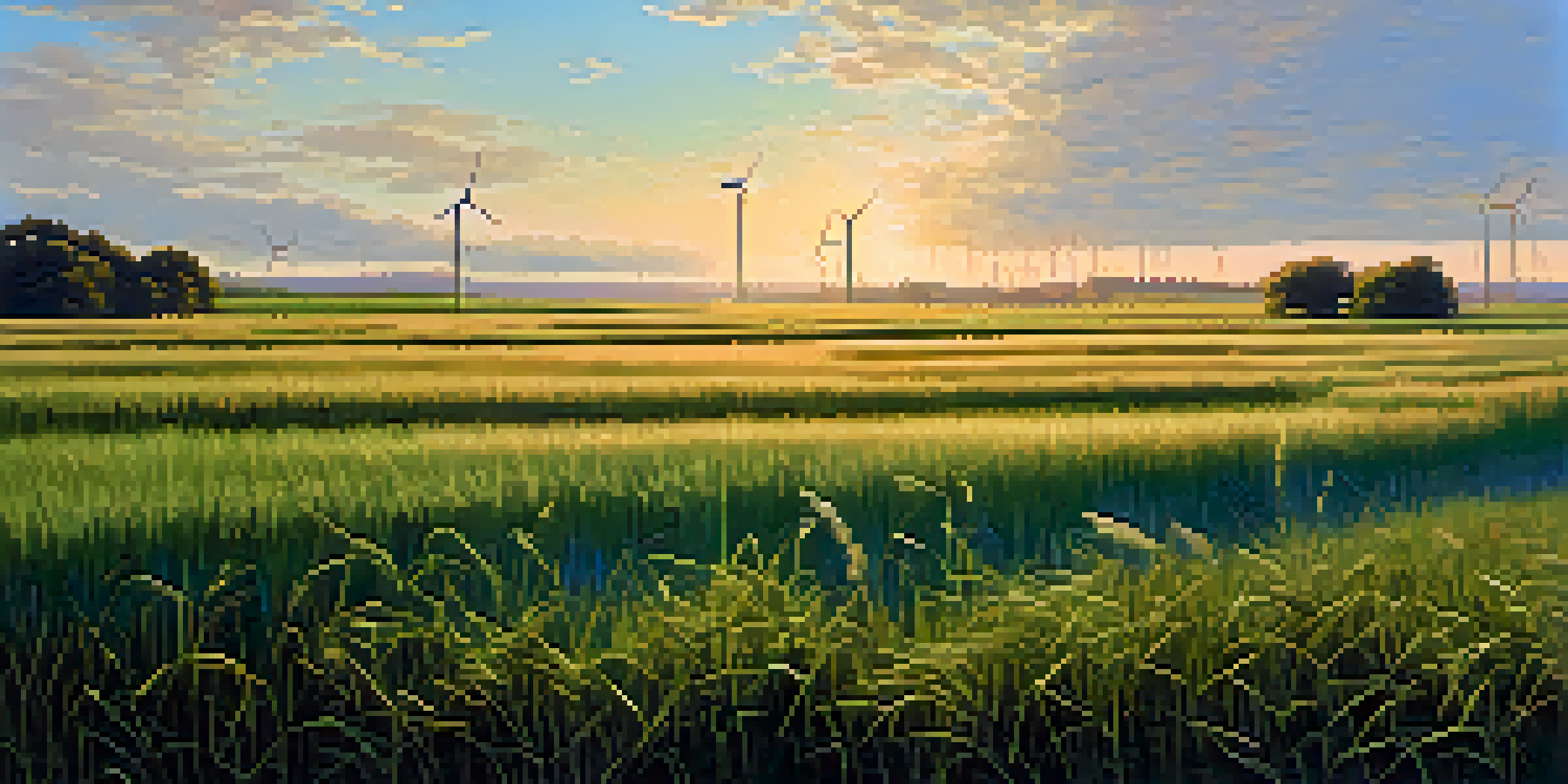 A vibrant green field of energy crops under a clear blue sky, with a wind turbine in the background, illuminated by morning sunlight.