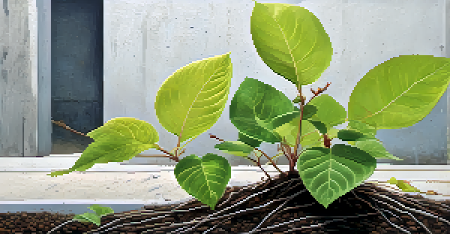 Close-up of Japanese knotweed with heart-shaped leaves and roots breaking through concrete, set against a blurred background of disturbed soil and struggling native plants.