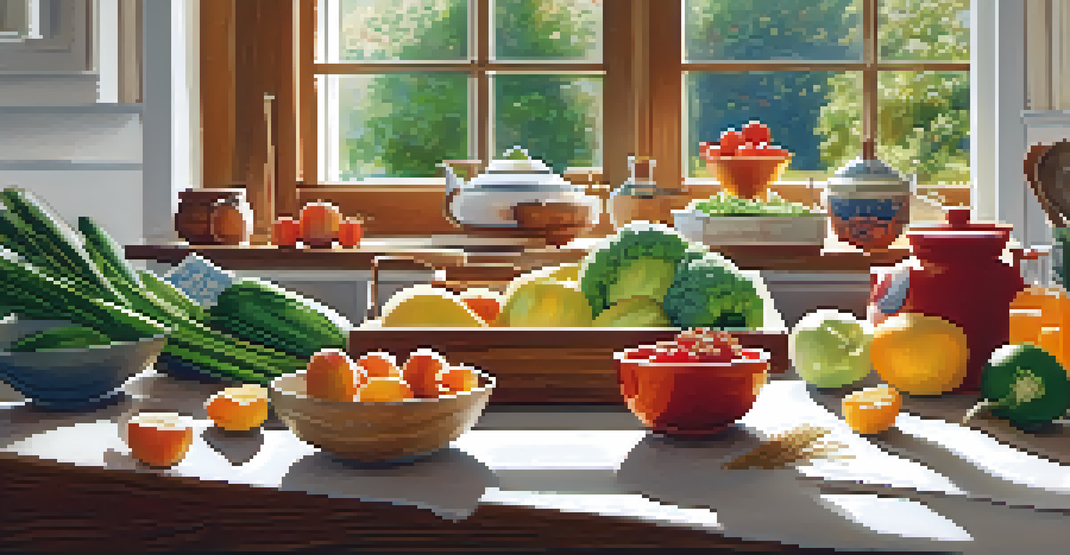 A cozy kitchen with fresh fruits, vegetables, and grains on a wooden countertop, illuminated by sunlight, evoking a sense of mindful cooking.