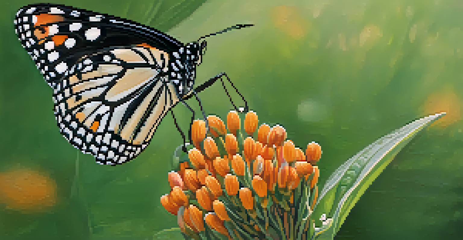 A close-up of an orange and black butterfly on a milkweed flower with morning dew.