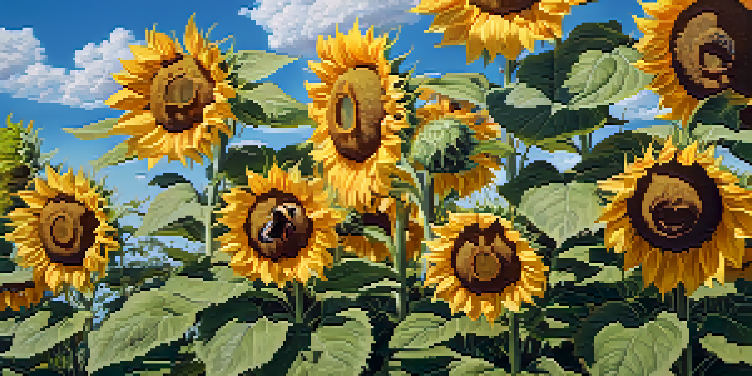 A close-up of a bright sunflower with detailed petals and seeds, set against a blue sky with clouds and bees.