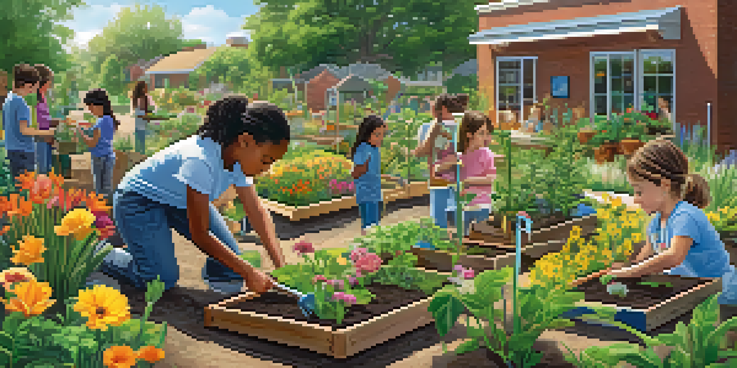 Children participating in a community gardening activity, surrounded by various blooming native plants and flowers under the sunlight.