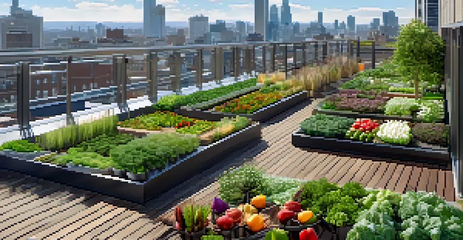 A rooftop garden filled with vegetables and flowering plants, with seating areas and city skyline in the background under a clear blue sky.