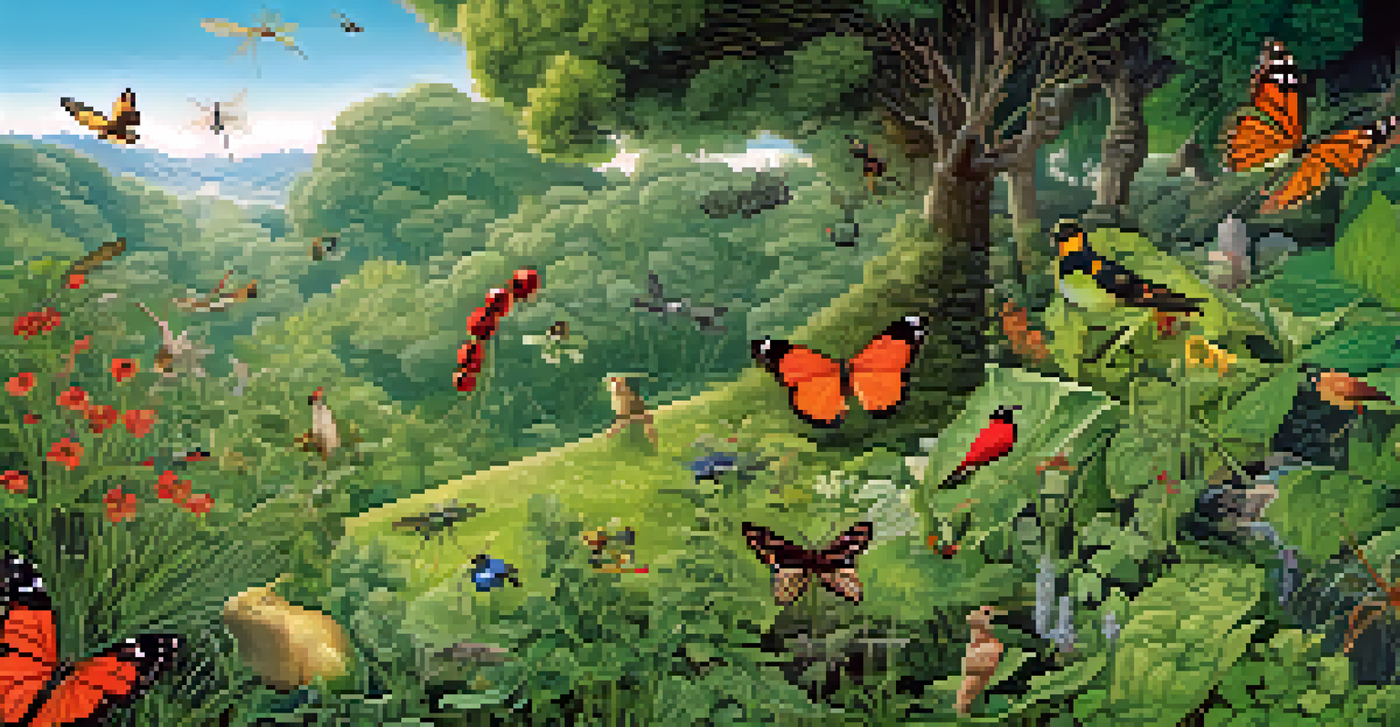 An illustration depicting the harmony of different species in a permaculture environment, with plants, insects, and birds interacting in a lush landscape.