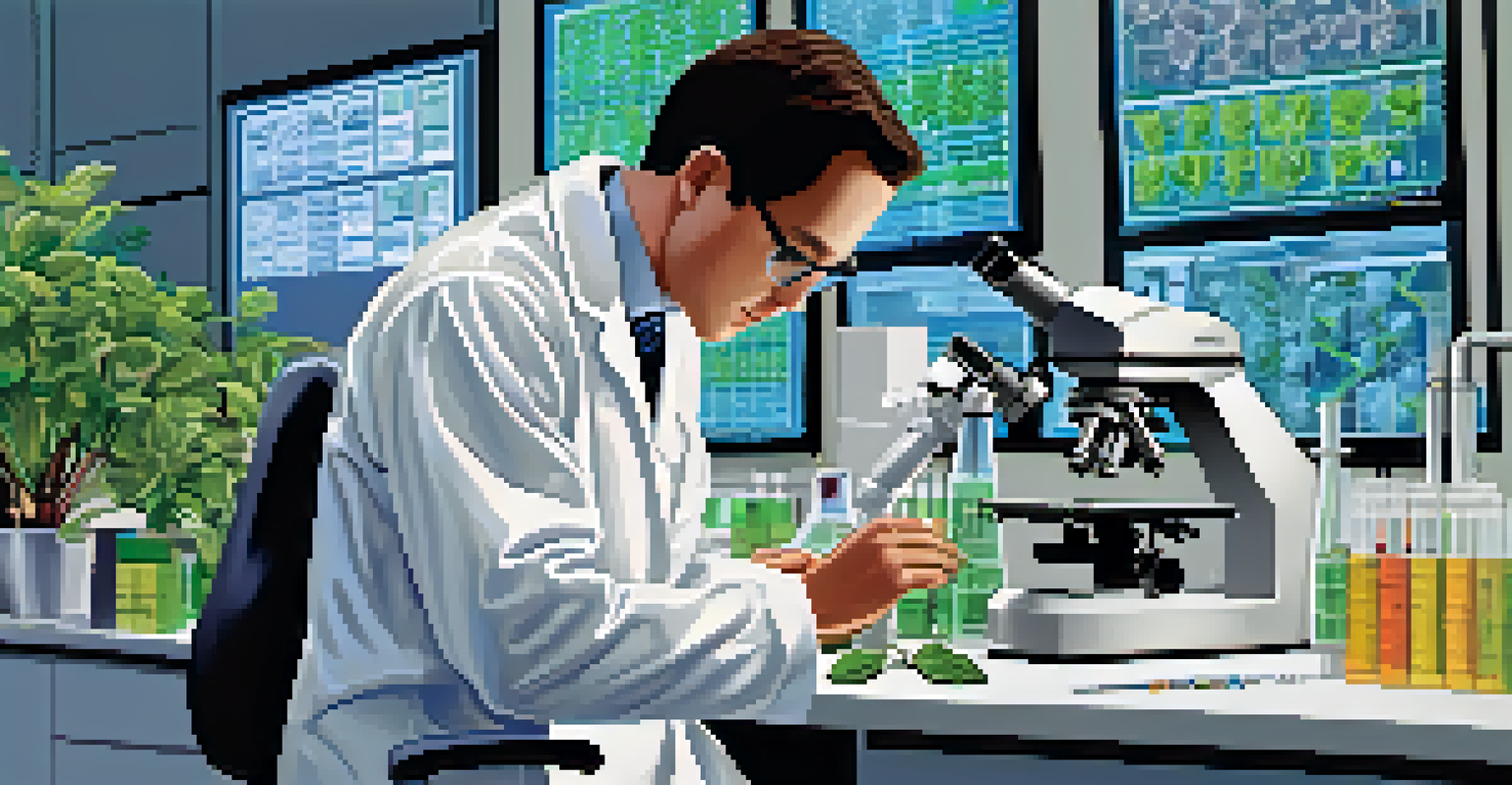 A scientist looking at a plant sample under a microscope in a high-tech laboratory environment.