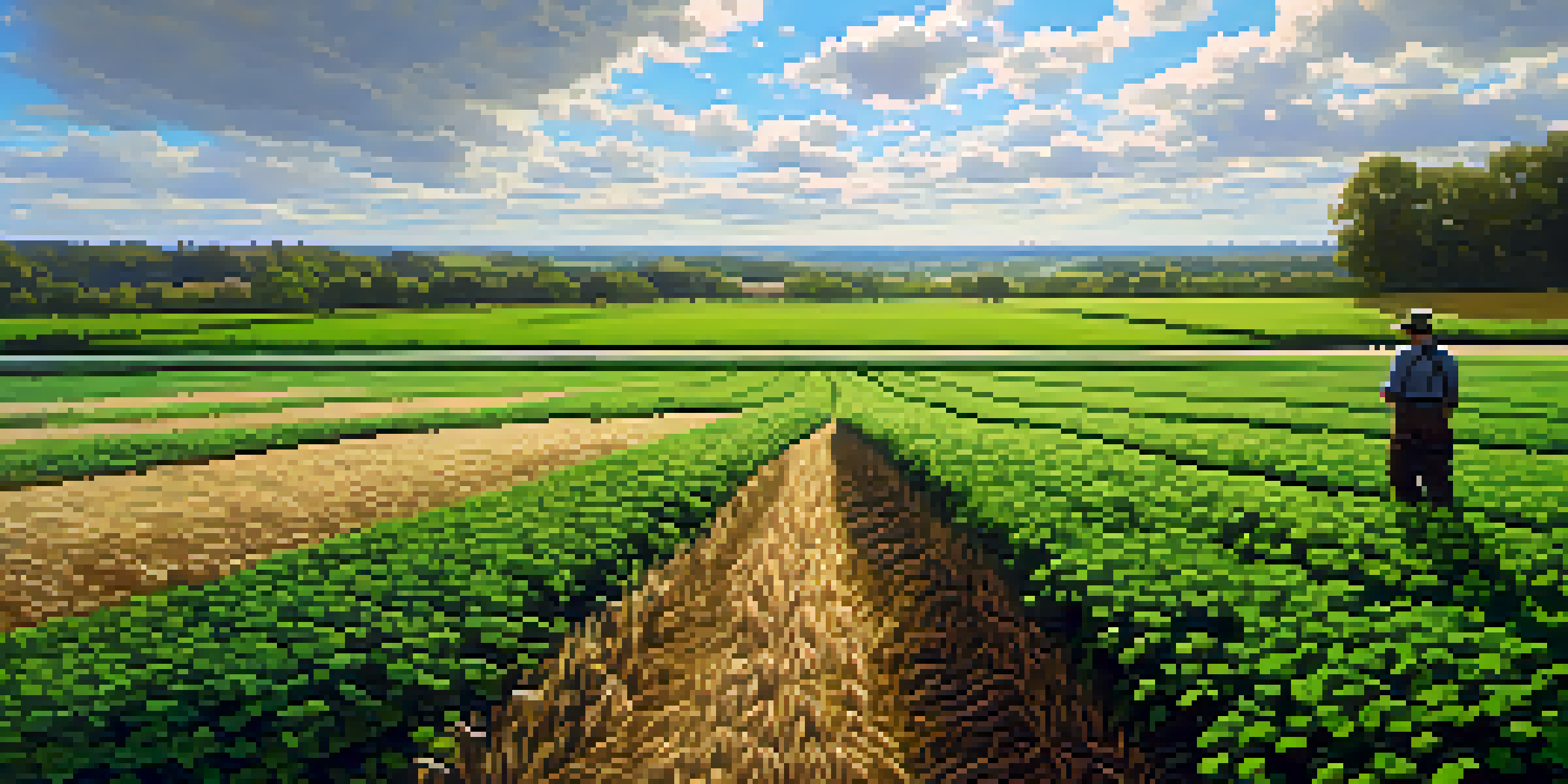 A farmer inspecting a field of green cover crops under a partly cloudy sky, showcasing a healthy agricultural landscape.