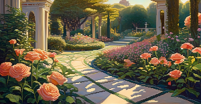 A colorful garden featuring various flowers like roses and lilies, illuminated by soft sunlight.