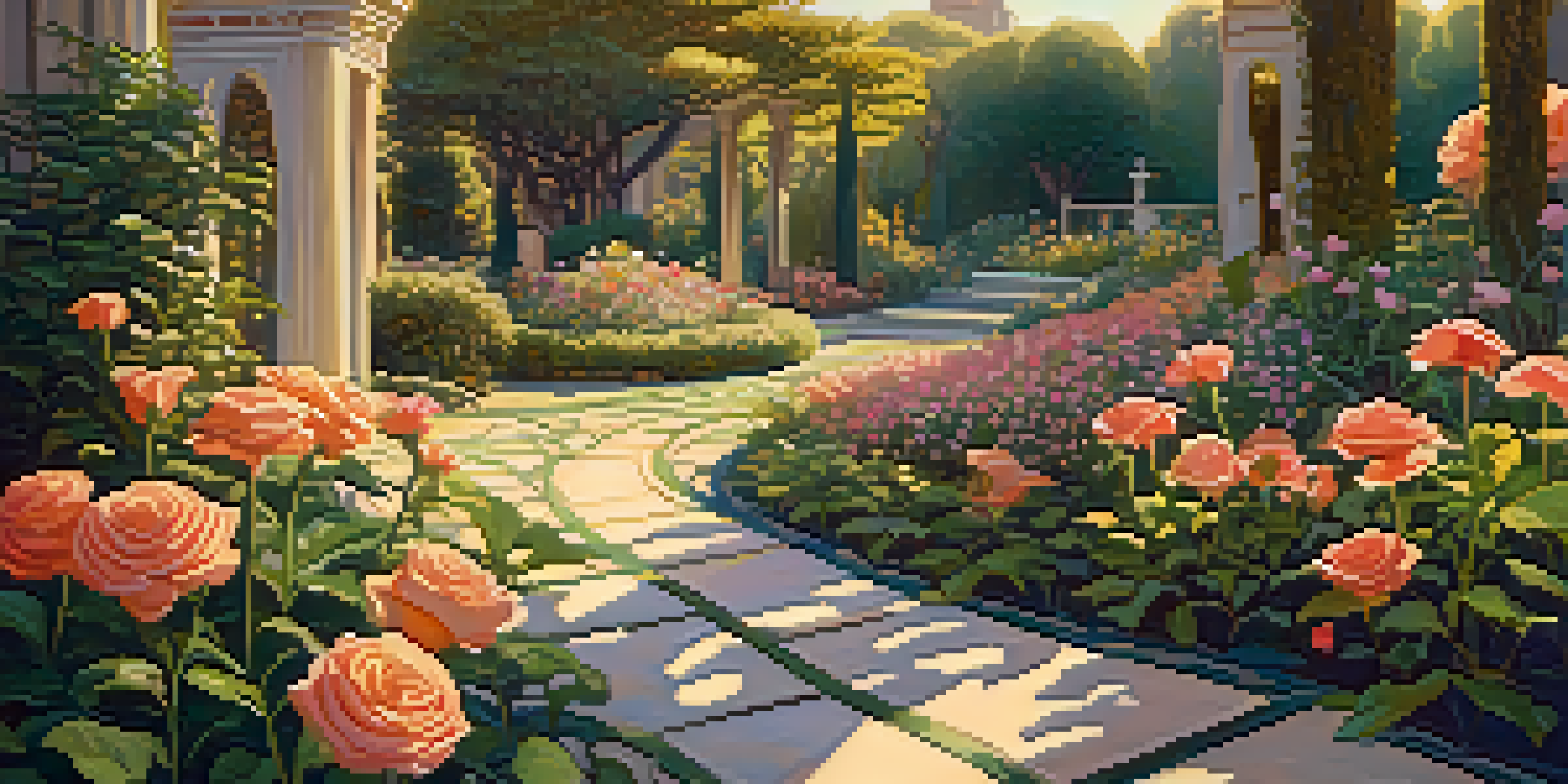 A colorful garden featuring various flowers like roses and lilies, illuminated by soft sunlight.