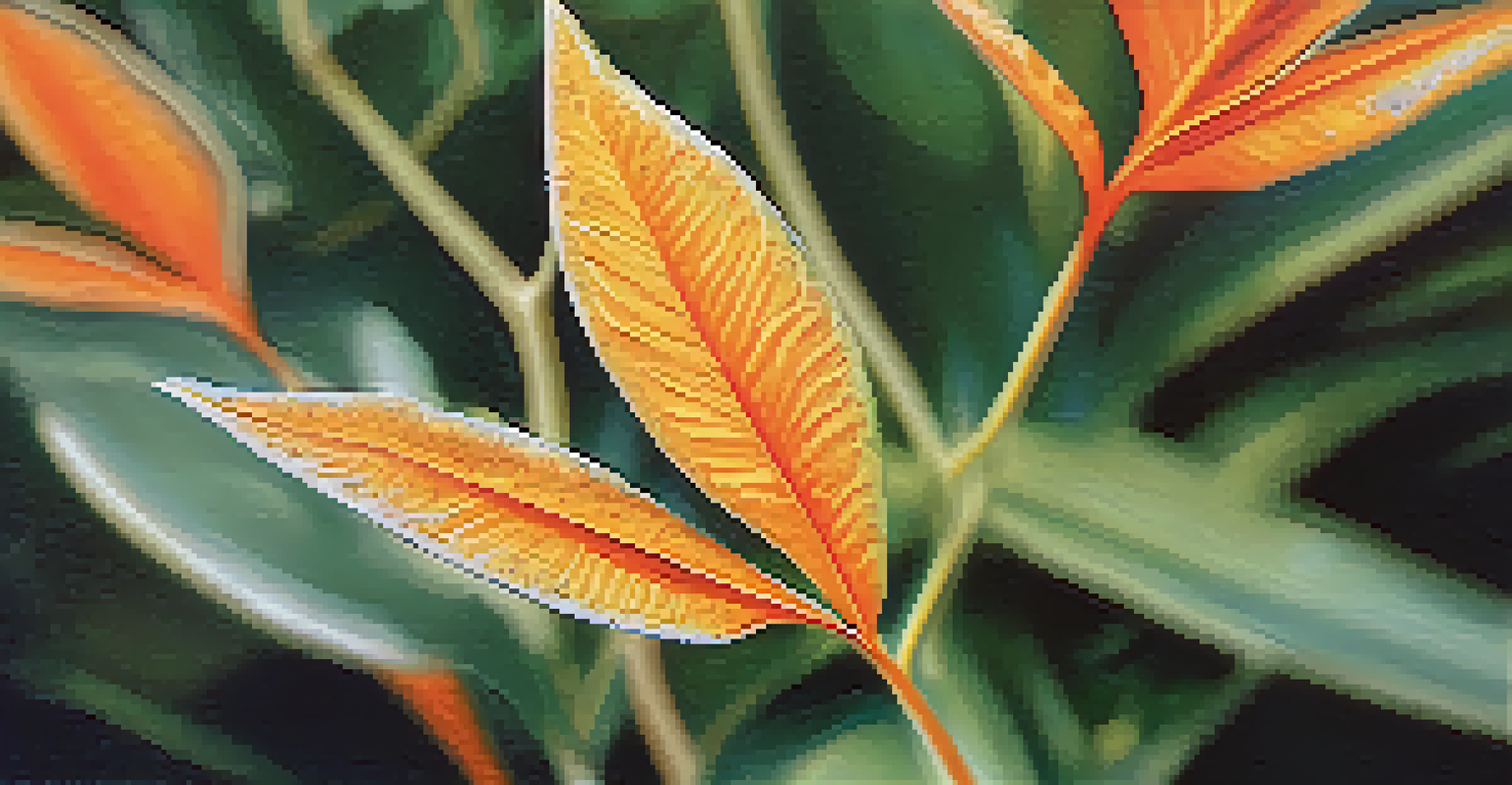 Close-up of ornamental plant leaves with bright orange and yellow rust spots, set in a garden.