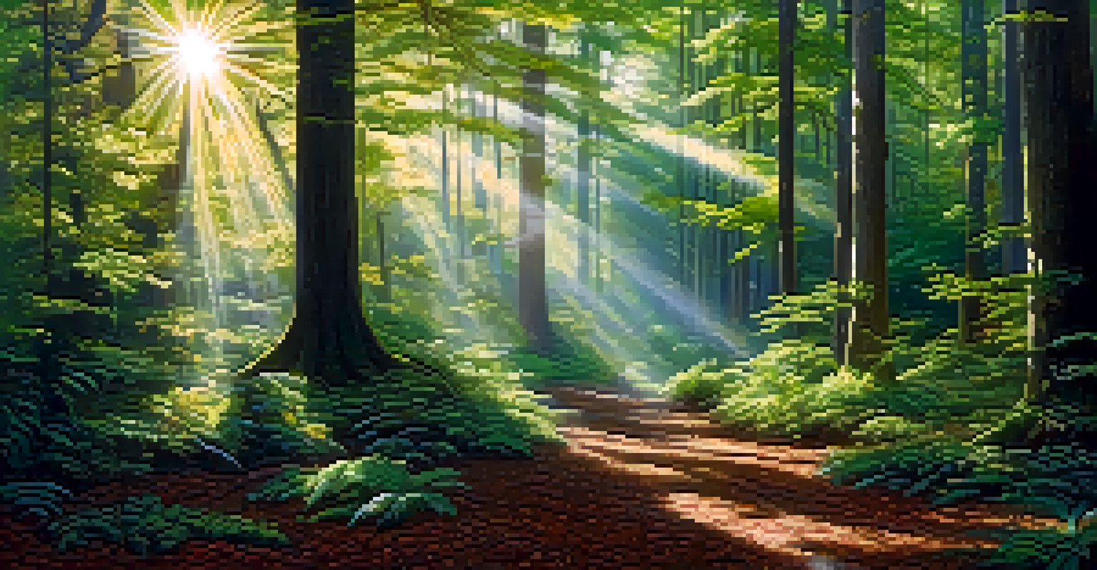 An expansive view of a mature forest with towering trees and diverse plants and wildlife.