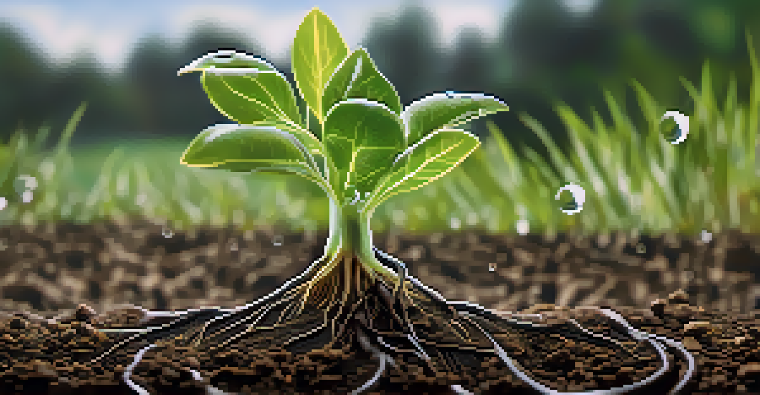 A close-up view of plant roots in soil with water droplets on leaves, illustrating the connection between plants and water absorption.