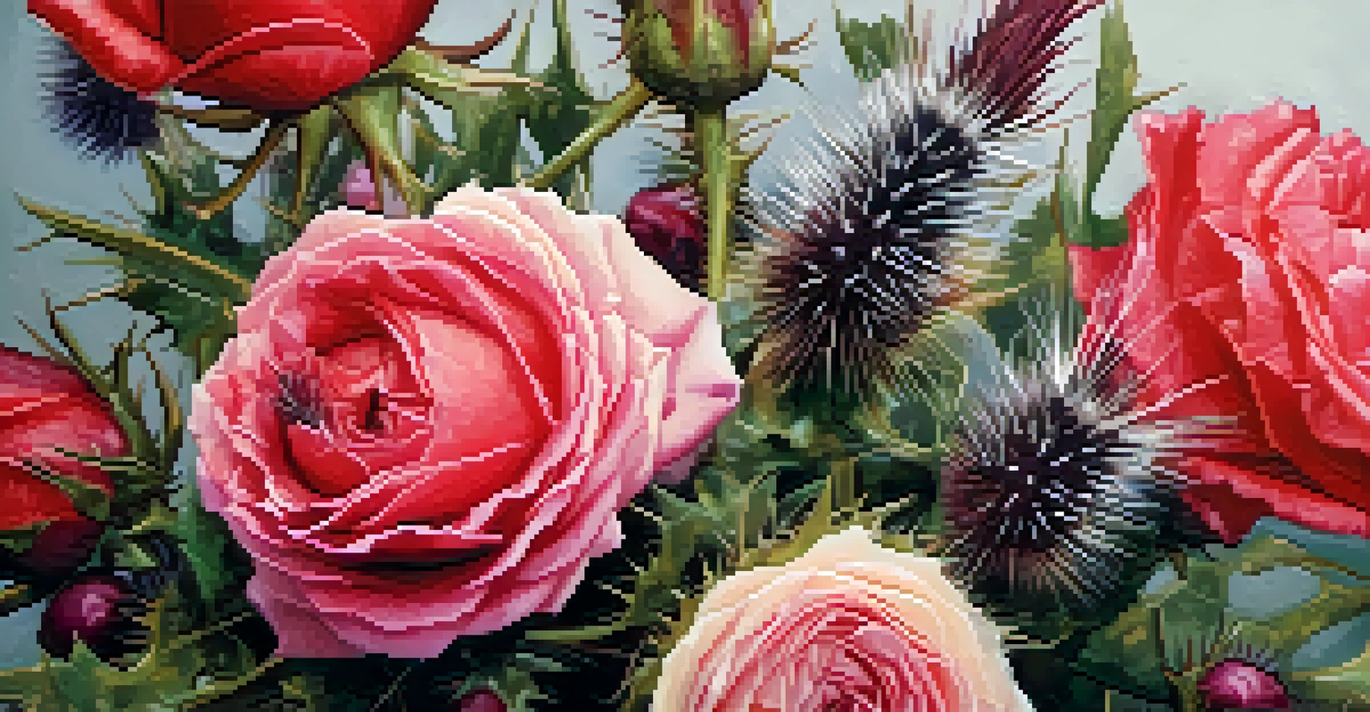 A close-up of a floral arrangement with roses and thistles showcasing different textures.