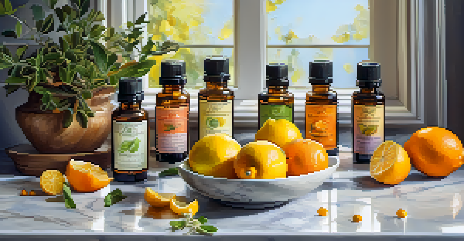 A colorful display of essential oils, citrus fruits, and dried herbs on a marble surface.