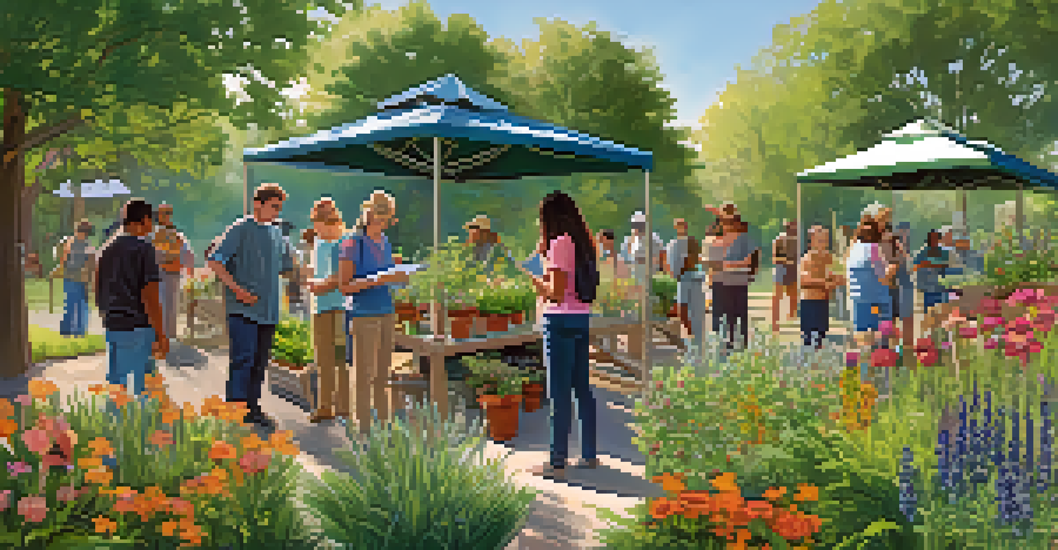 An outdoor workshop with people learning about native plant gardening, surrounded by a variety of plants and flowers in a park.