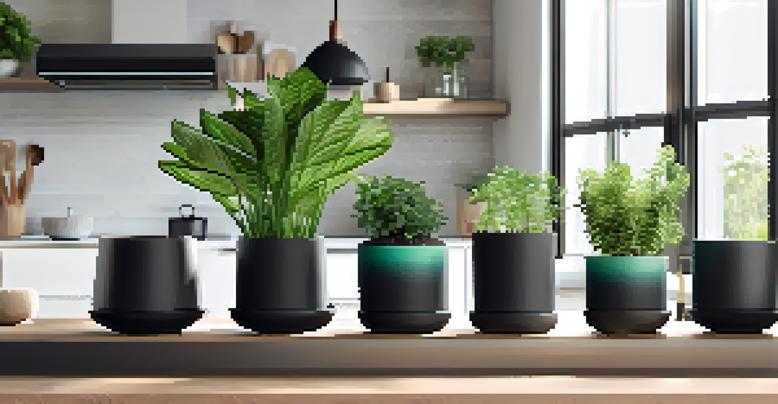 A modern kitchen countertop with stylish plant pots, including a black ceramic pot and a patterned pot with green plants.
