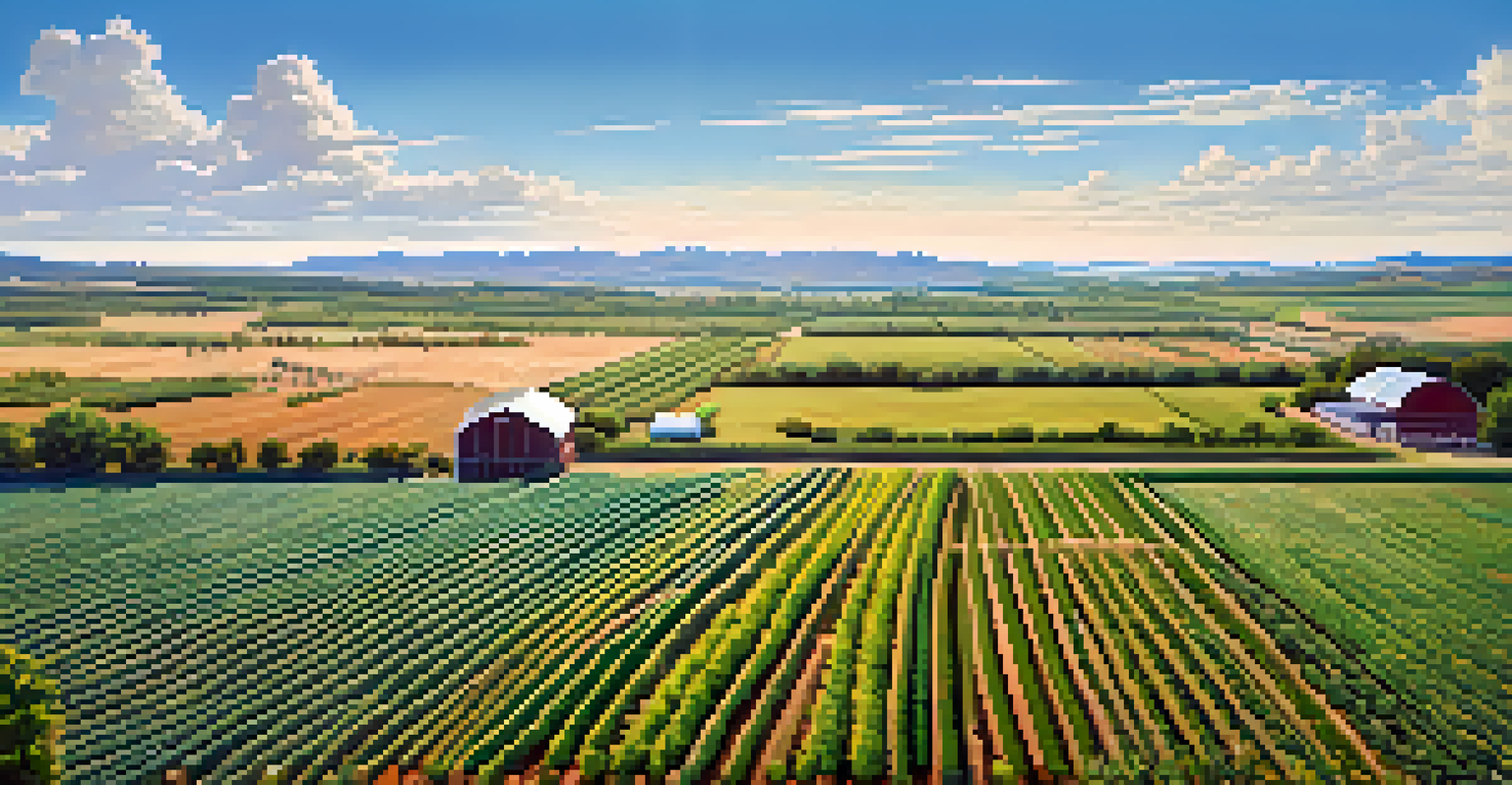 A panoramic view of a sustainable farm with various crops enhanced by CRISPR technology, set against a clear blue sky.