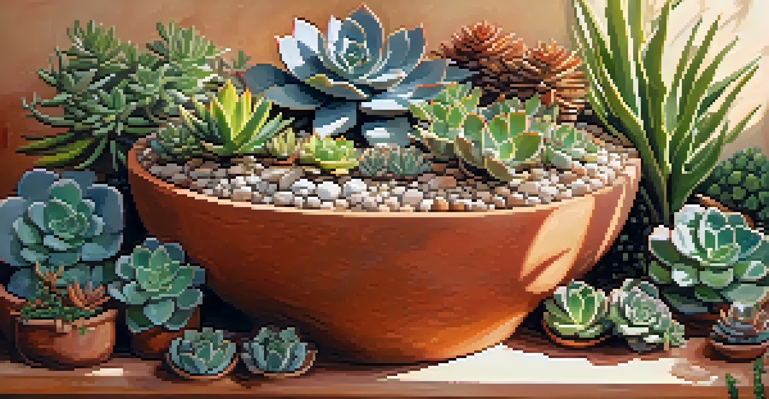 A close-up of a terracotta container garden filled with various colorful succulents.