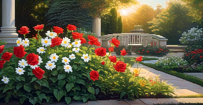 A vibrant garden showcasing an array of flowers, with sunlight illuminating their colors and a peaceful atmosphere.