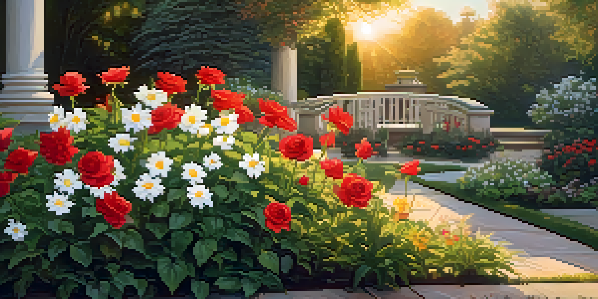 A vibrant garden showcasing an array of flowers, with sunlight illuminating their colors and a peaceful atmosphere.