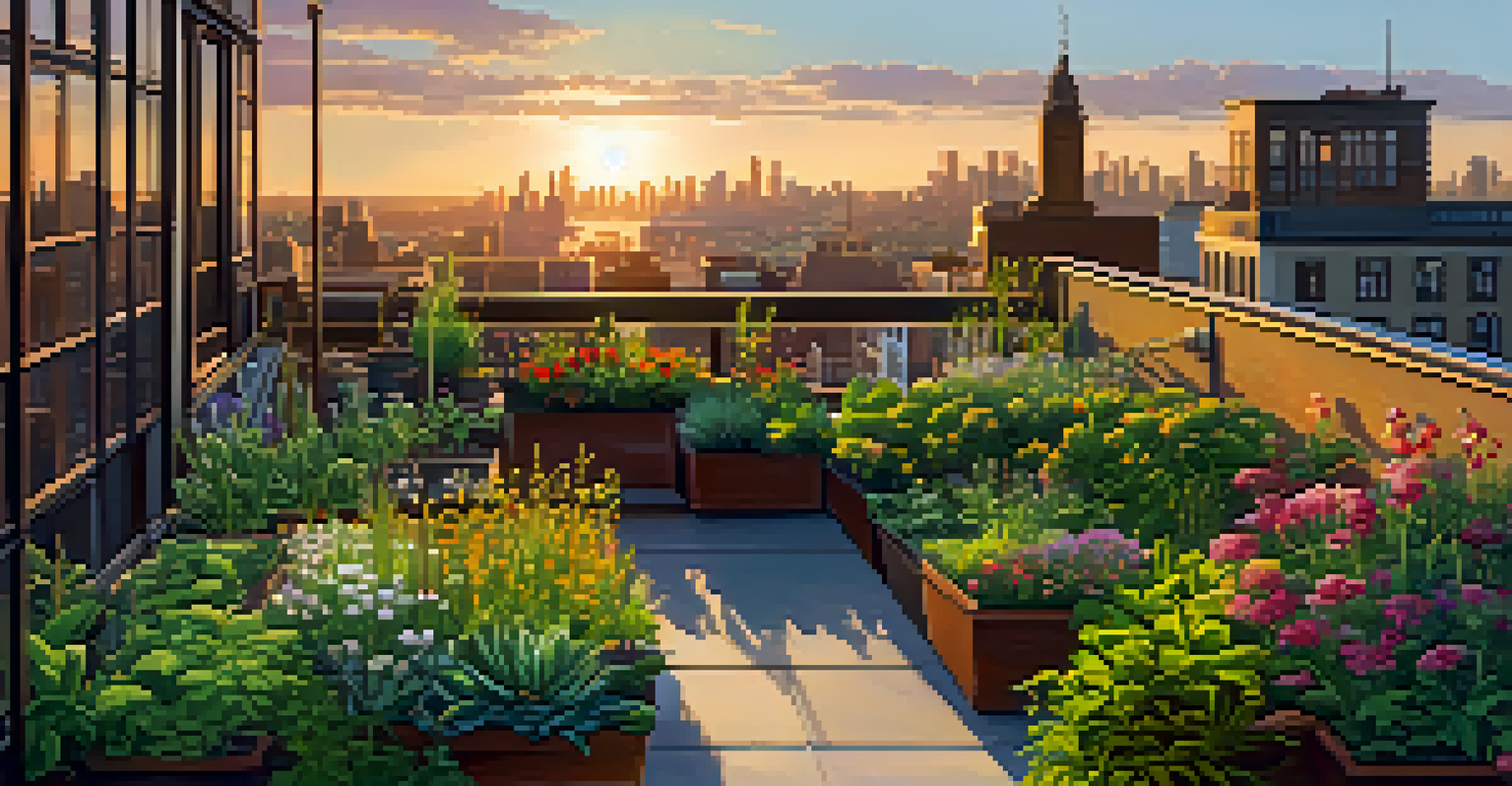 A colorful rooftop garden filled with various plants, overlooking a city skyline at sunset, with warm golden light illuminating the scene.