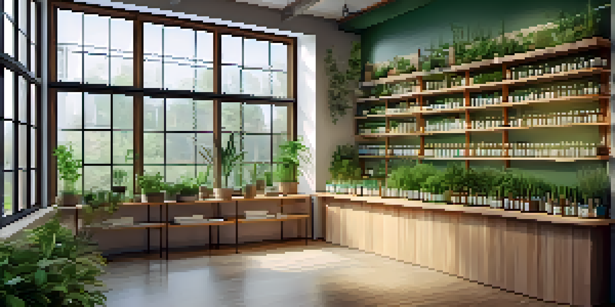 A peaceful interior of a homeopathic clinic with shelves of plant-based remedies, natural light, and a calming atmosphere.