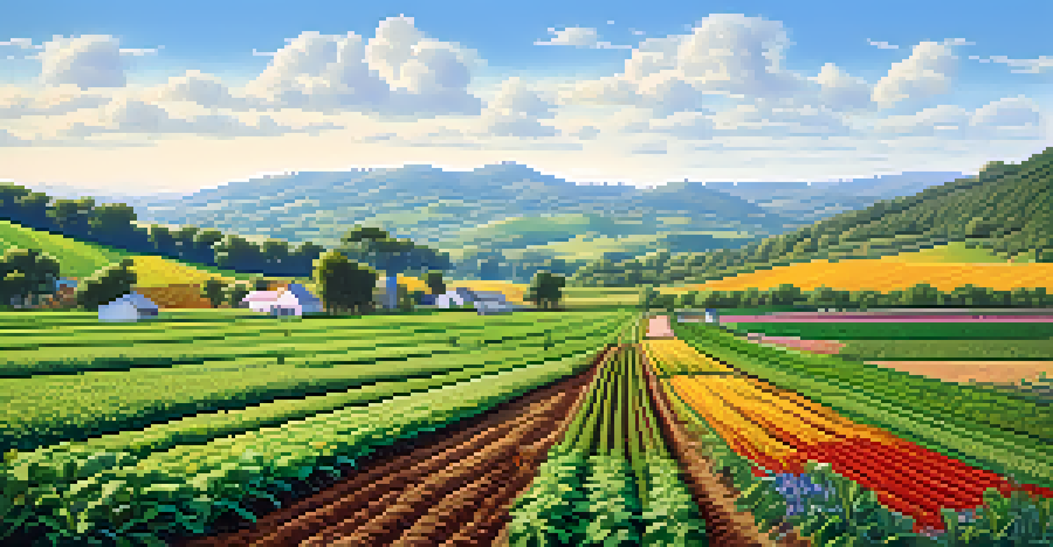 An agricultural landscape with rows of healthy crops and farmers practicing sustainable farming surrounded by nature.