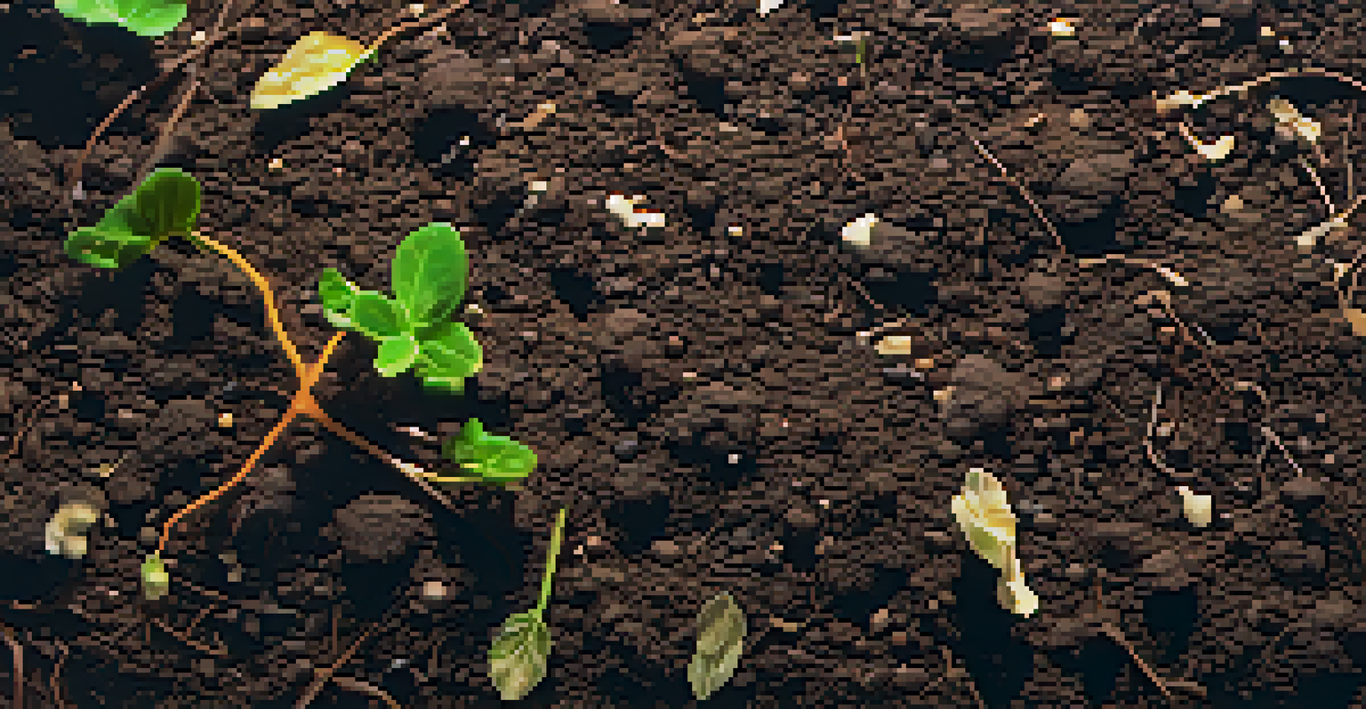 Close-up of rich, dark soil with compost and roots, illuminated by sunlight.