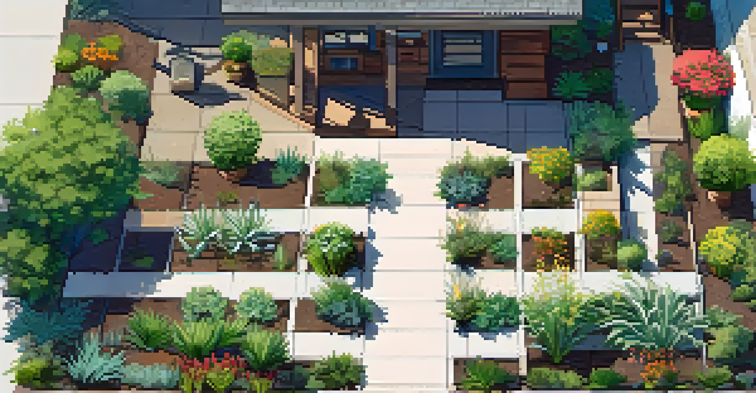 An aerial view of an organized urban garden showing sunny and shaded plant sections, mulch paths, and a drip irrigation system.