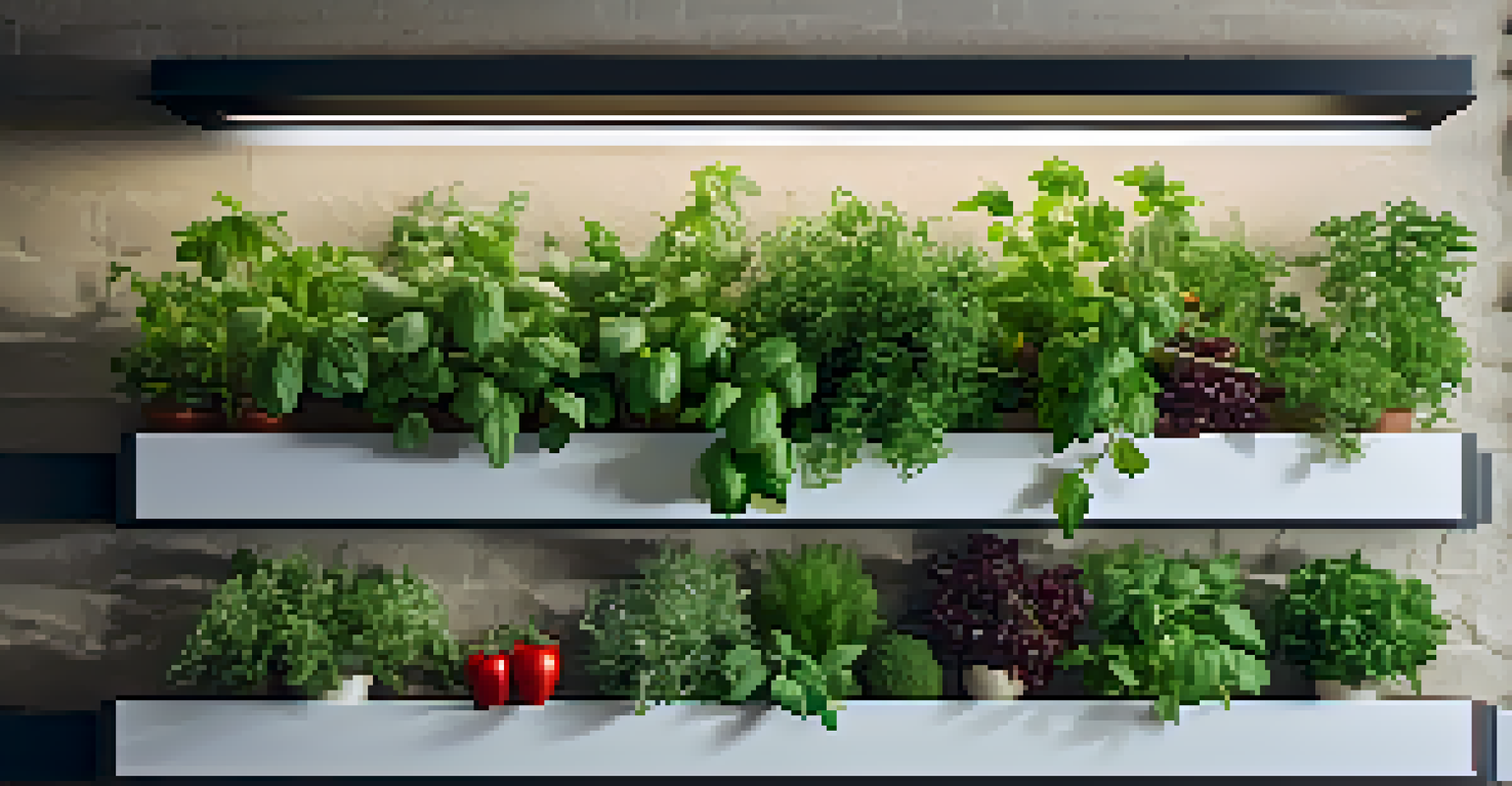 A close-up of a vertical garden with herbs and vegetables like basil and tomatoes, showcasing green leaves and soil texture.