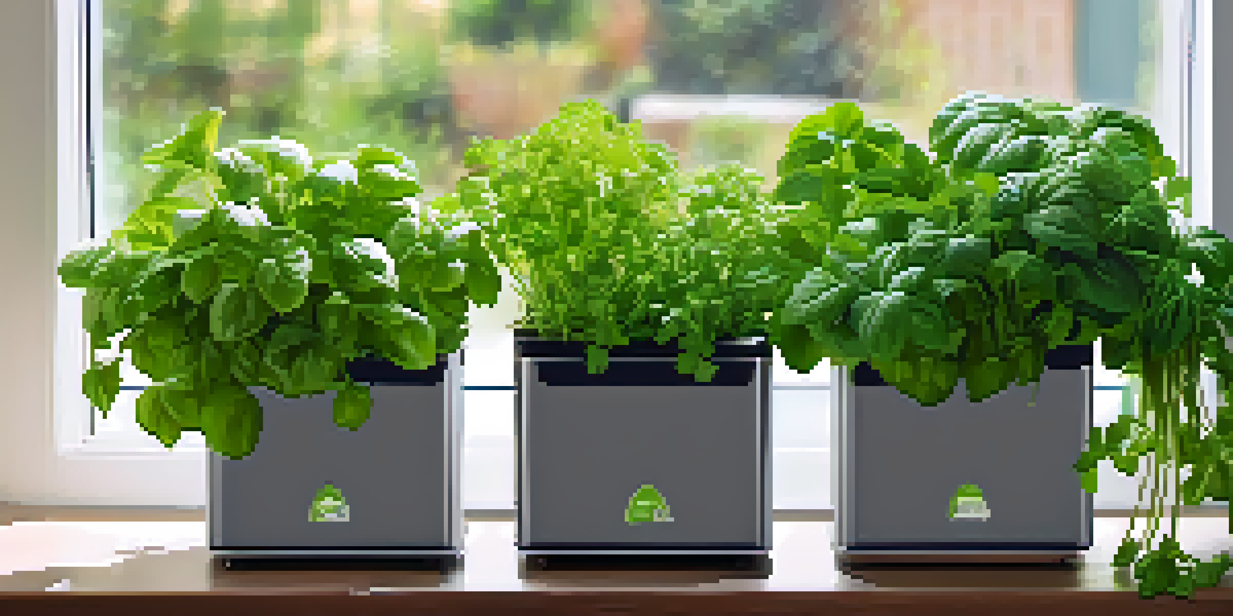 A bright indoor hydroponic garden filled with fresh green herbs like basil and mint in modern containers, illuminated by sunlight.