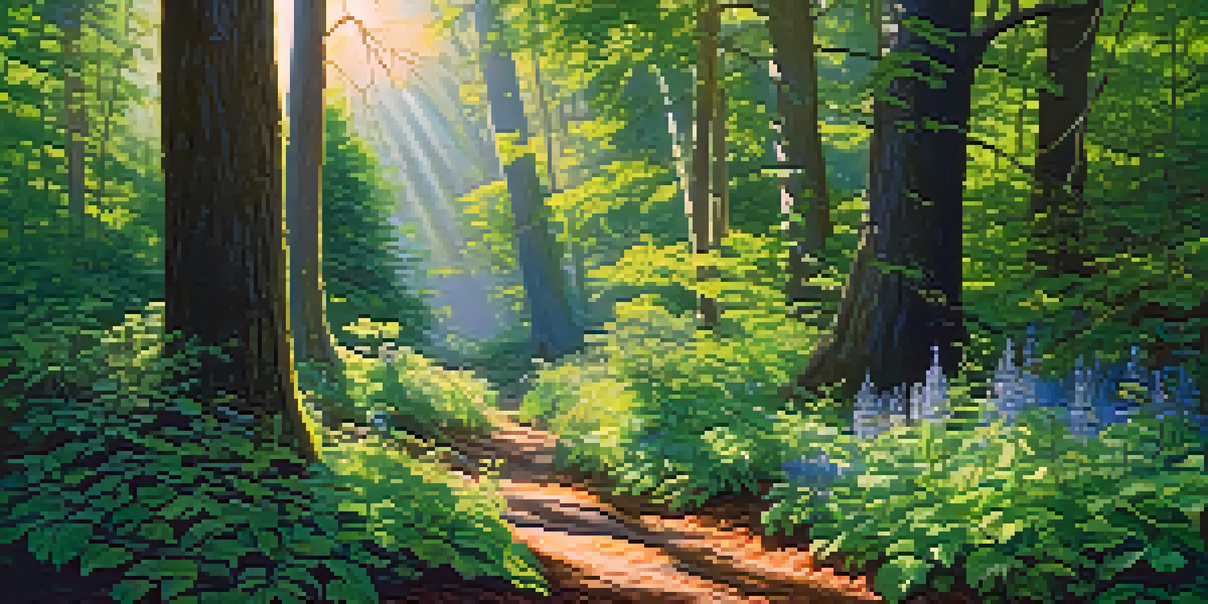 A vibrant forest filled with various plants and trees, sunlight shining through the leaves, and colorful wildflowers in the foreground.