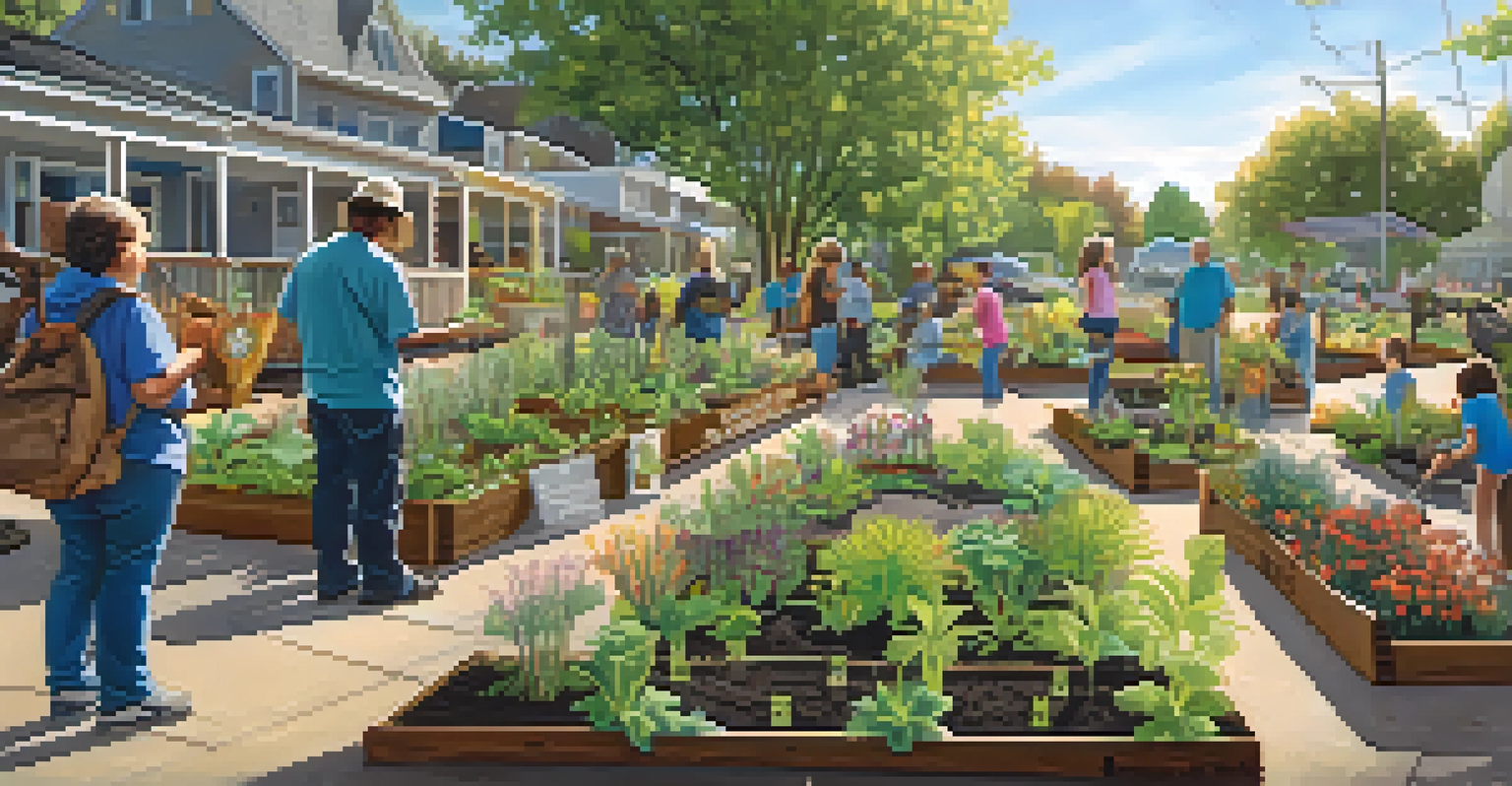 Local residents participating in a community garden focused on planting native species, with educational signs around.