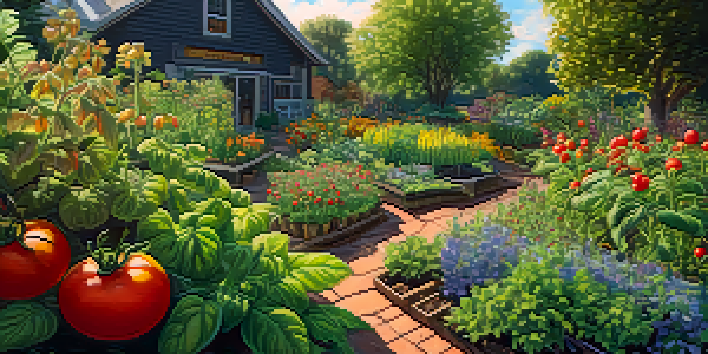 A colorful permaculture garden with various plants like tomatoes and basil, illuminated by sunlight, and bees flying around.