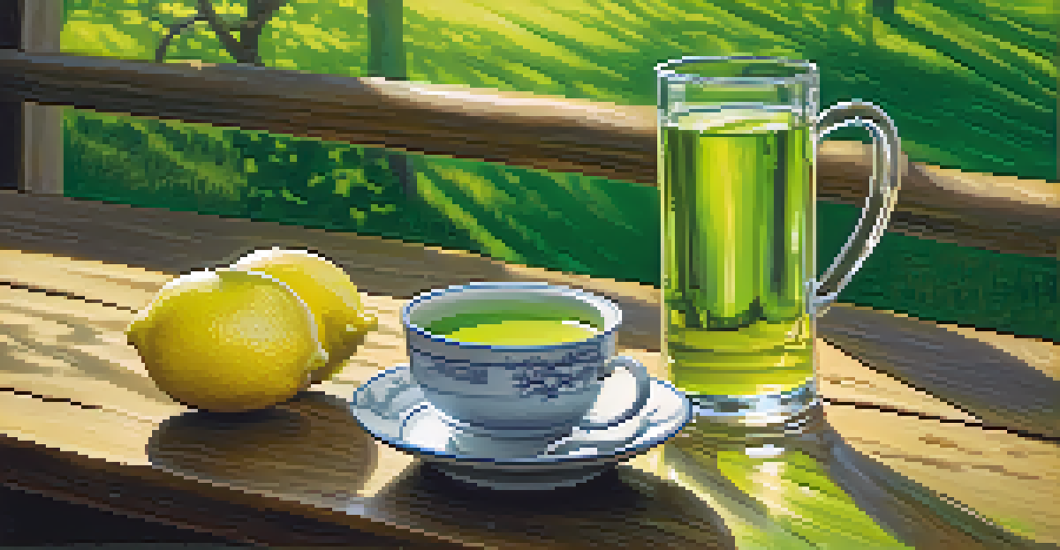 A glass of green tea with a slice of lemon on a rustic table, set against a lush green landscape.