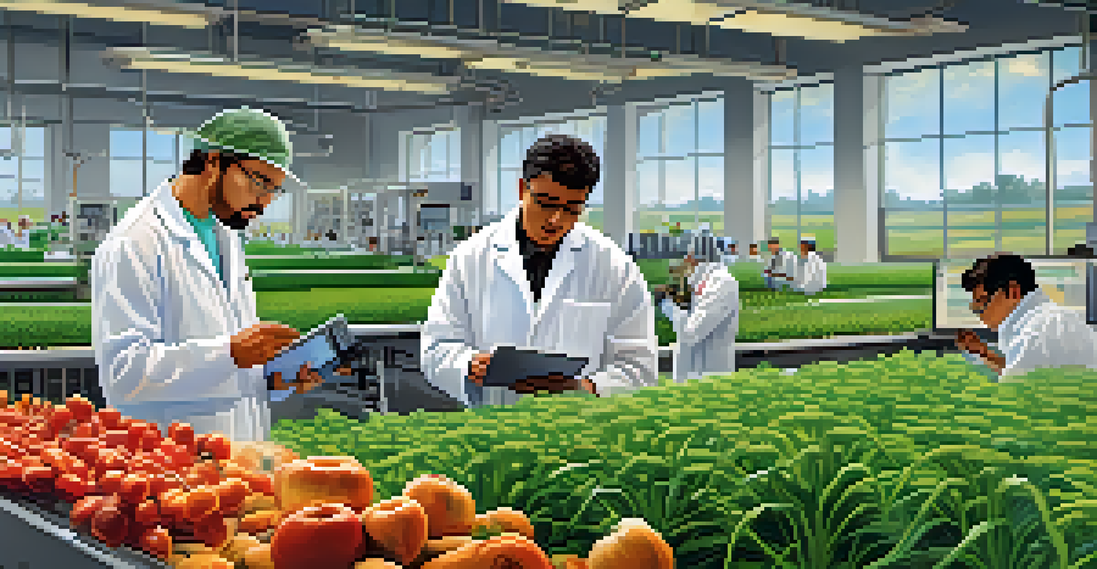 A diverse group of scientists and farmers collaborating on agricultural innovations for food security.