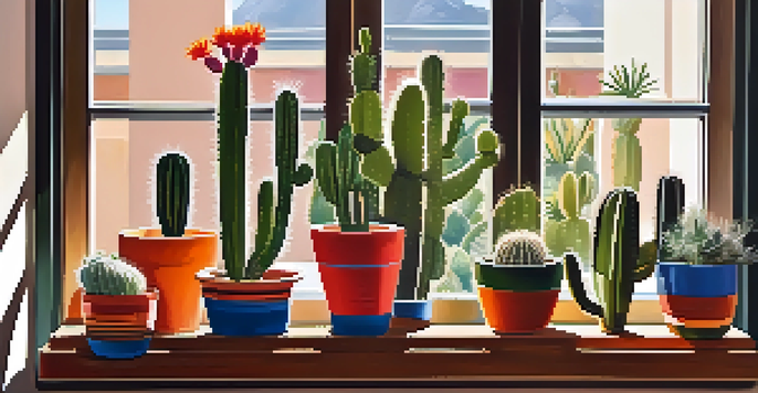 A variety of cacti placed in colorful pots on a sunlit windowsill with soft shadows.