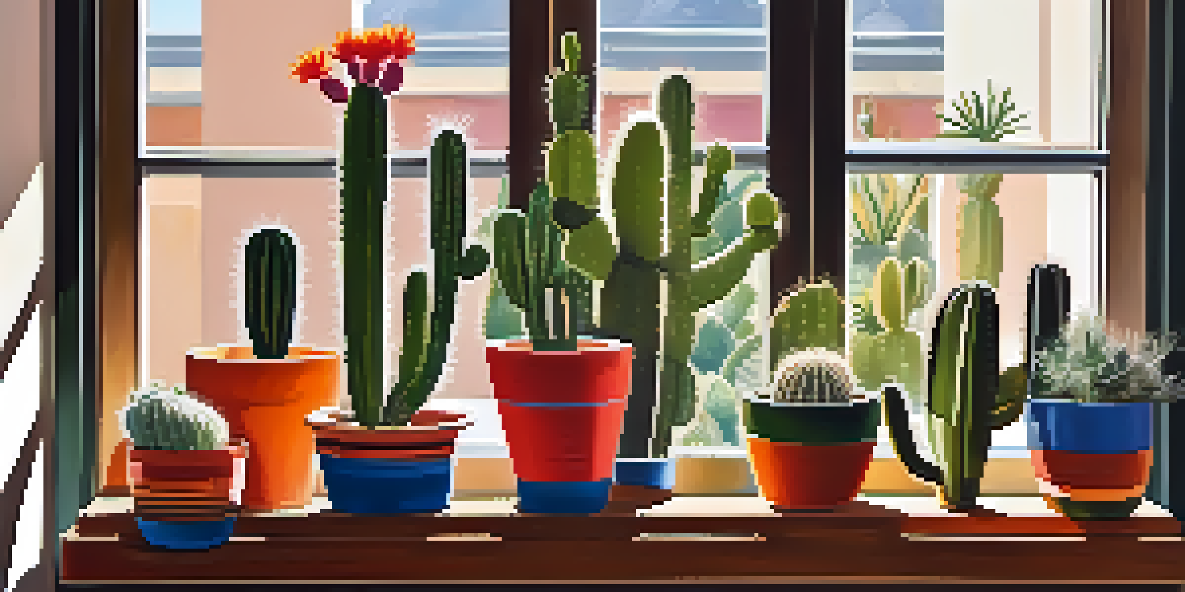 A variety of cacti placed in colorful pots on a sunlit windowsill with soft shadows.