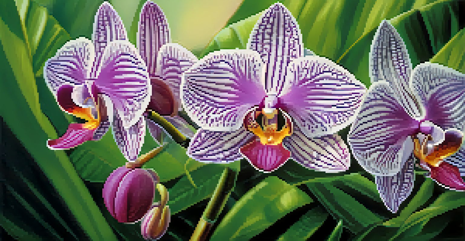 A close-up of colorful orchids with intricate petal details in a tropical environment, surrounded by softly blurred green foliage.