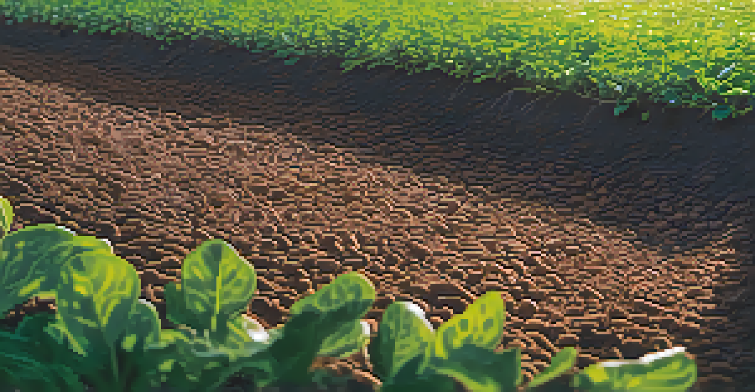 A close-up of healthy soil with worms and microorganisms, surrounded by green cover crops, illuminated by sunlight.