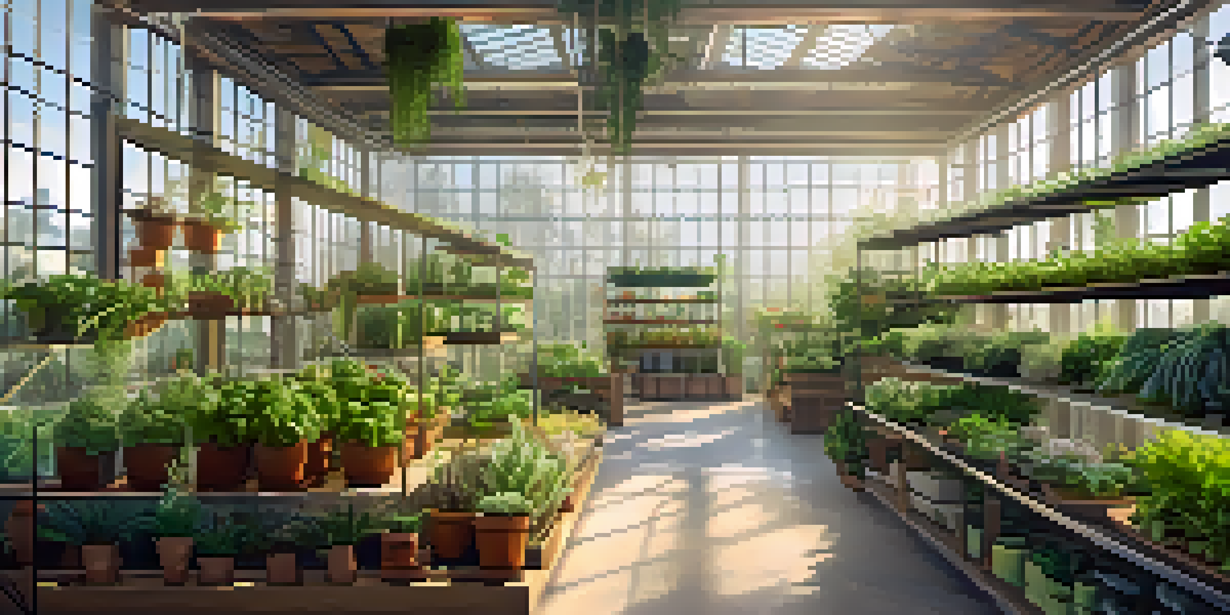A bright and organized greenhouse with herbs in wall-mounted planters and vegetables on tiered shelves, illuminated by sunlight.