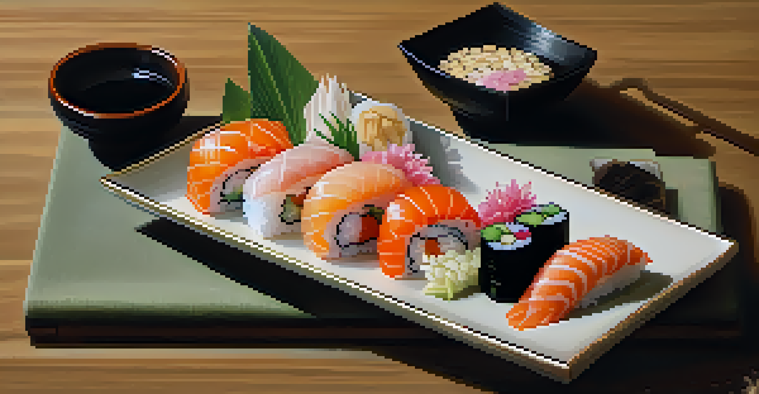 A close-up view of an artistically arranged sushi platter with garnishes.