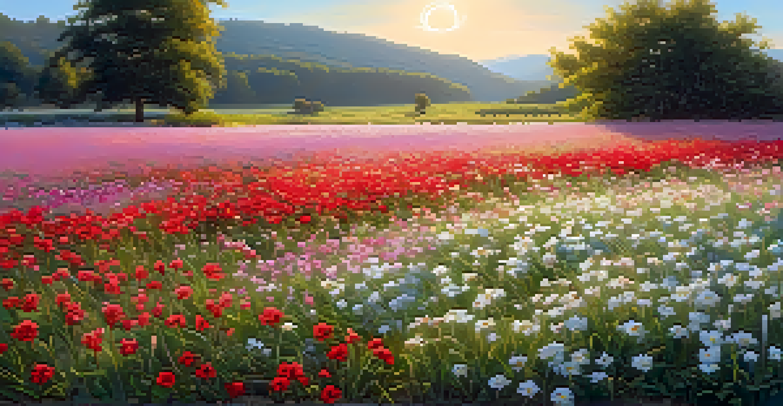 A peaceful field filled with blooming flowers of various colors under a clear blue sky.
