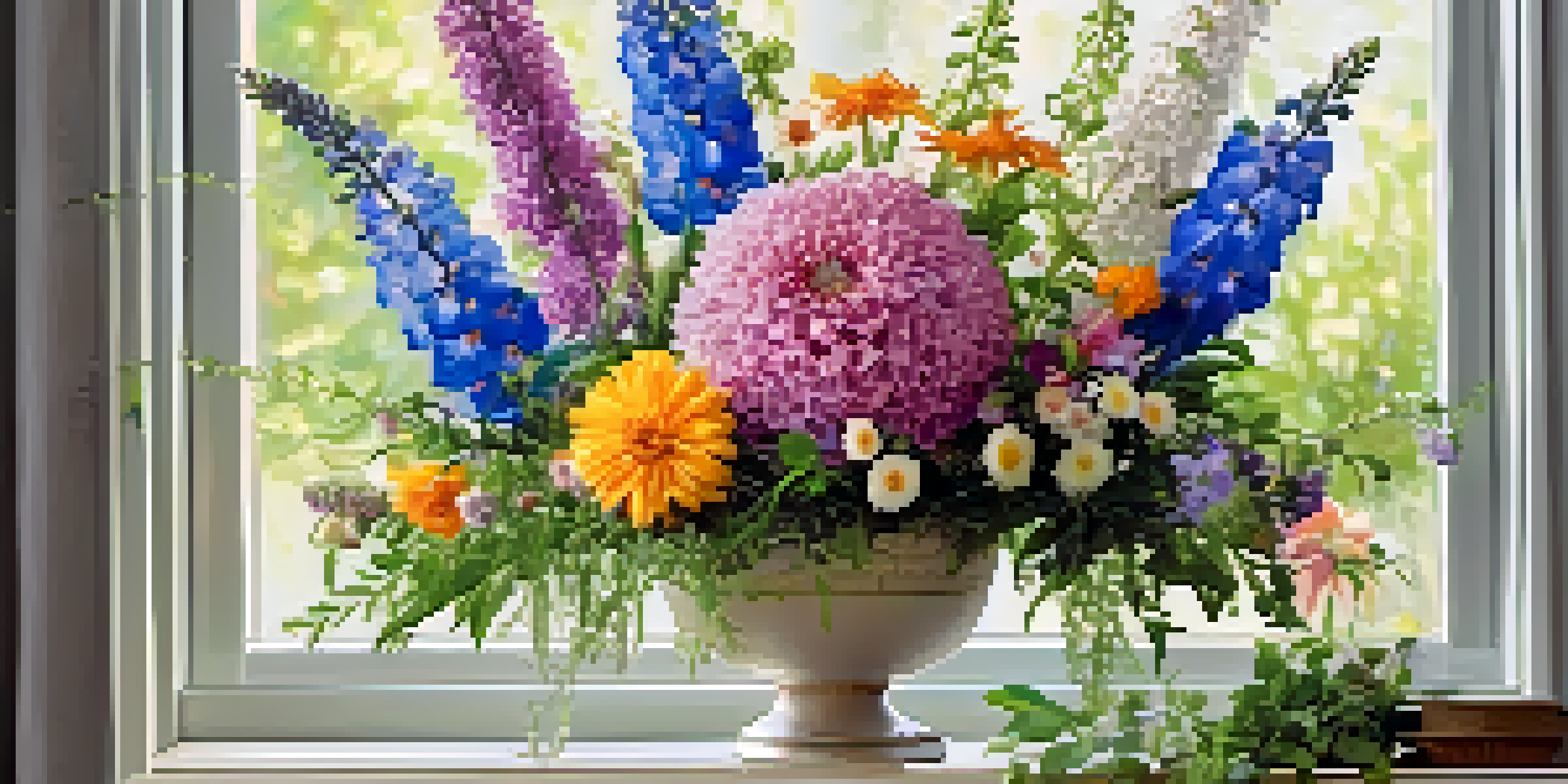 A floral centerpiece with vibrant flowers arranged in a tall vase, showcasing radial symmetry, illuminated by natural light.