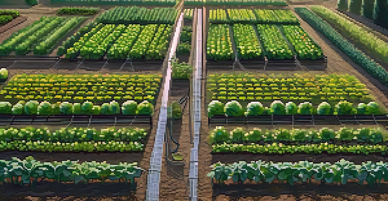 An aerial view of a vegetable garden with a drip irrigation system, showing healthy plants and glistening water droplets in the morning light.